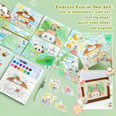 Carte creativa pentru colorare si pictura, model panda, acuarele incorporate 12 culori, pensula cu apa, activitate educativa pentru copii [2]