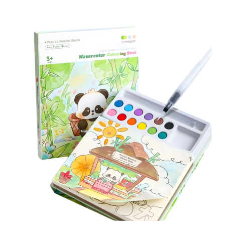 Set pictură și desen - Carte creativa pentru colorare si pictura, model panda, acuarele incorporate 12 culori, pensula cu apa, activitate educativa pentru copii
