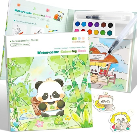 Carte creativa pentru colorare si pictura, model panda, acuarele incorporate 12 culori, pensula cu apa, activitate educativa pentru copii [5]