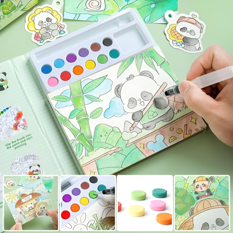 Carte creativa pentru colorare si pictura, model panda, acuarele incorporate 12 culori, pensula cu apa, activitate educativa pentru copii [4]