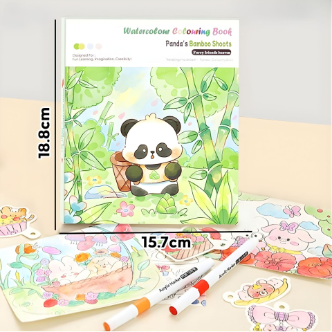 Carte creativa pentru colorare si pictura, model panda, acuarele incorporate 12 culori, pensula cu apa, activitate educativa pentru copii [7]