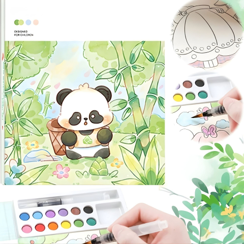 Carte creativa pentru colorare si pictura, model panda, acuarele incorporate 12 culori, pensula cu apa, activitate educativa pentru copii [8]