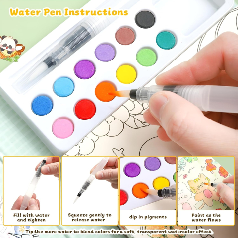 Carte creativa pentru colorare si pictura, model panda, acuarele incorporate 12 culori, pensula cu apa, activitate educativa pentru copii [3]