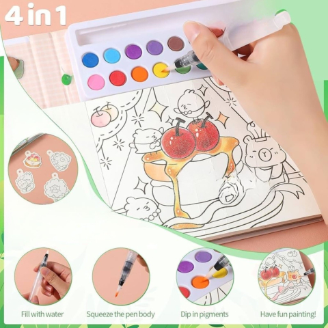 Carte de colorat maro 15.7 x 18.8 x 1.8 cm, model capibara pentru copii, 20 foi carton, 12 acuarele, pensula cu rezervor de apa, set creativ pentru pictura [1]