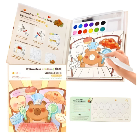 JOCURI ȘI JUCĂRII - Carte de colorat maro 15.7 x 18.8 x 1.8 cm, model capibara pentru copii, 20 foi carton, 12 acuarele, pensula cu rezervor de apa, set creativ pentru pictura