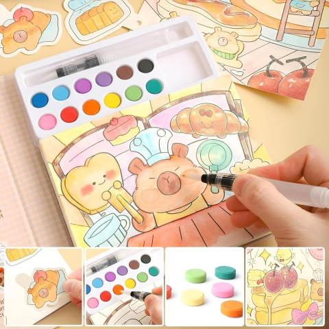 Carte de colorat maro 15.7 x 18.8 x 1.8 cm, model capibara pentru copii, 20 foi carton, 12 acuarele, pensula cu rezervor de apa, set creativ pentru pictura [9]