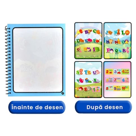 Carte de colorat multicolor cu apa, 8 pagini reutilizabile, alfabet si cifre, pix reincarcabil, joc educativ copii 3 ani+, activitate creativa Magic Book [8]