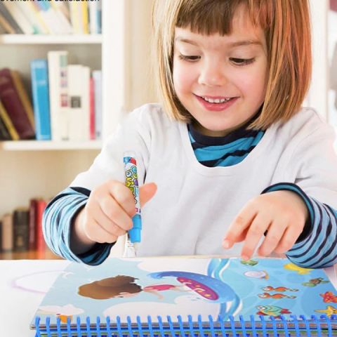 Carte de colorat multicolor cu apa, 8 pagini reutilizabile, alfabet si cifre, pix reincarcabil, joc educativ copii 3 ani+, activitate creativa Magic Book [2]