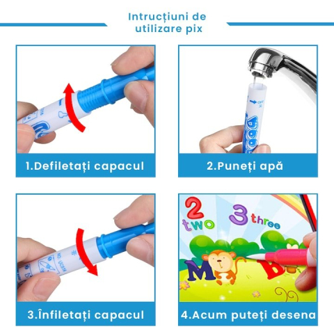 Carte de colorat multicolor cu apa, 8 pagini reutilizabile, alfabet si cifre, pix reincarcabil, joc educativ copii 3 ani+, activitate creativa Magic Book [9]