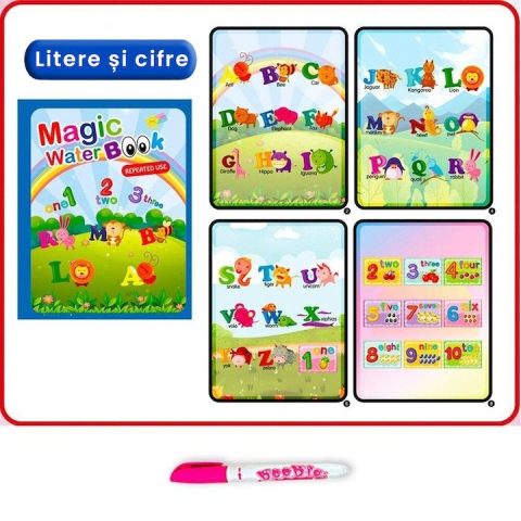 Carte de colorat multicolor cu apa, 8 pagini reutilizabile, alfabet si cifre, pix reincarcabil, joc educativ copii 3 ani+, activitate creativa Magic Book [5]
