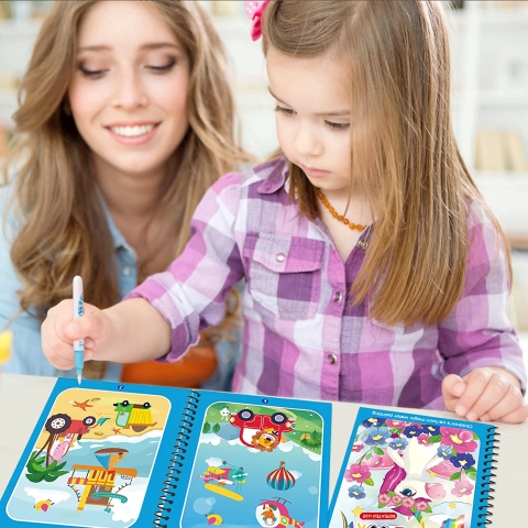 Carte reutilizabila de colorat, model animale, 8 pagini, 19 x 15.5 cm, marker cu apa inclus, caiet educativ cu spirala pentru copii 3+ ani [4]