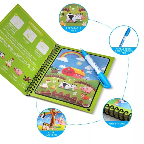 Carte reutilizabila de colorat, model animale, 8 pagini, 19 x 15.5 cm, marker cu apa inclus, caiet educativ cu spirala pentru copii 3+ ani [10]