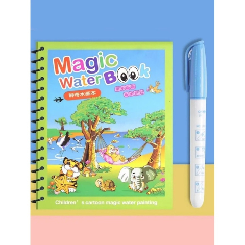 Carte reutilizabila de colorat, model animale, 8 pagini, 19 x 15.5 cm, marker cu apa inclus, caiet educativ cu spirala pentru copii 3+ ani [1]