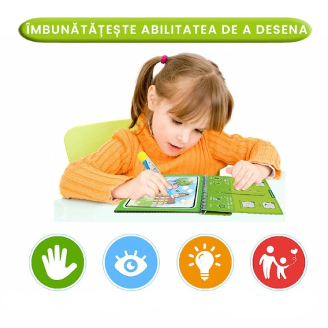 Carte reutilizabila de colorat, model animale, 8 pagini, 19 x 15.5 cm, marker cu apa inclus, caiet educativ cu spirala pentru copii 3+ ani [11]