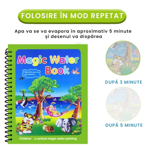 Carte reutilizabila de colorat, model animale, 8 pagini, 19 x 15.5 cm, marker cu apa inclus, caiet educativ cu spirala pentru copii 3+ ani [9]