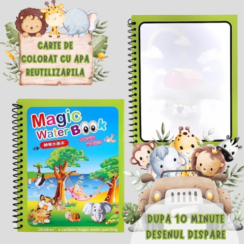Carte reutilizabila de colorat, model animale, 8 pagini, 19 x 15.5 cm, marker cu apa inclus, caiet educativ cu spirala pentru copii 3+ ani [12]