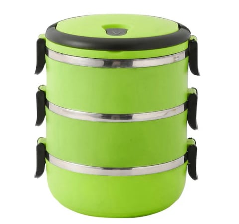 Diverse bucatarie - Caserola termoizolanta verde cu 3 compartimente suprapuse, recipiente interioare din inox, manere laterale si sistem de inchidere pentru transport alimente