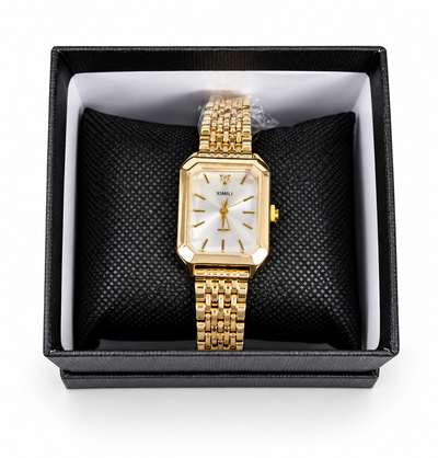 Ceas auriu dama 27 mm, analogic cu cadran alb dreptunghiular, marcaje liniare, mecanism quartz, bratara inox si sistem de inchidere pliabil cu siguranta [1]