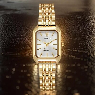 Ceas auriu dama 27 mm, analogic cu cadran alb dreptunghiular, marcaje liniare, mecanism quartz, bratara inox si sistem de inchidere pliabil cu siguranta [6]