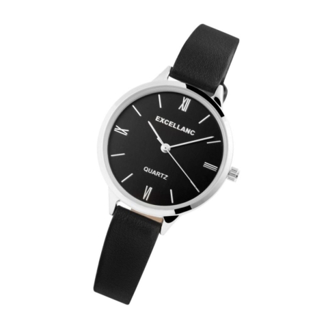 Ceas dama, argintiu 21 cm cu curea din imitatie de piele 12 mm, cadran negru, carcasa 33 mm, mecanism quartz PC21, indexuri argintii [1]