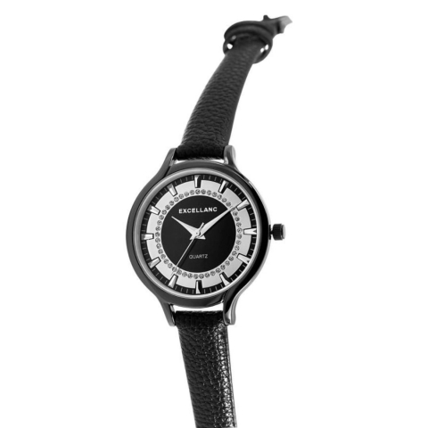Ceas dama, negru 22,5 cm cu curea din imitatie de piele 12 mm, carcasa neagra 36 mm, cadran negru cu detalii argintii, quartz, sticla minerala [2]