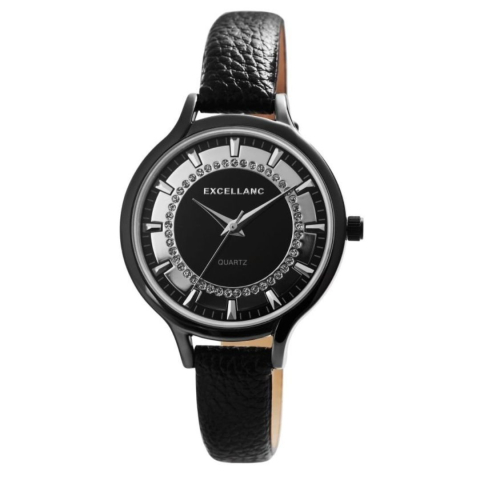 ELECTRONICE - Ceas dama, negru 22,5 cm cu curea din imitatie de piele 12 mm, carcasa neagra 36 mm, cadran negru cu detalii argintii, quartz, sticla minerala