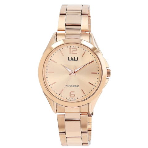 Ceas dama Q&Q, auriu-roz 22 cm cu bratara metalica 18 mm, carcasa 39 mm, cadran cu cifre arabe, ace luminescente, sticla minerala, 3 bar [1]
