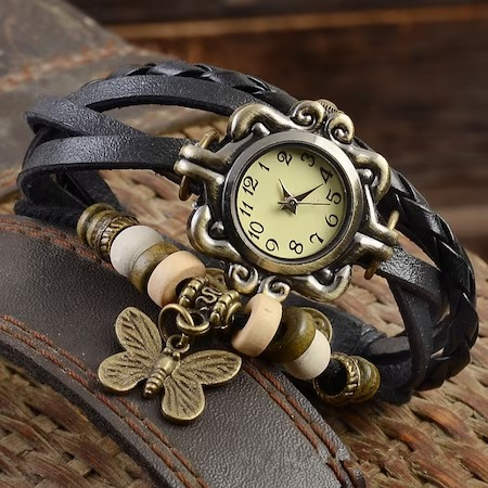 Ceas dama Retro,mecanism Quartz,curea din piele ecologica - Negru [3]