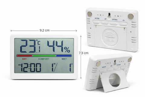 ELECTRONICE - Ceas desteptator digital cu termometru si higrometru, afisaj LCD mare, alarma, calendar, indicator confort, 9.2 x 7.3 cm, alb