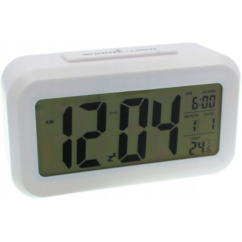 Uz casnic - Ceas digital de masa cu alarma, afisaj 12/24h, functie de temperatura si data, senzor de lumina automat, alb – design modern si functional