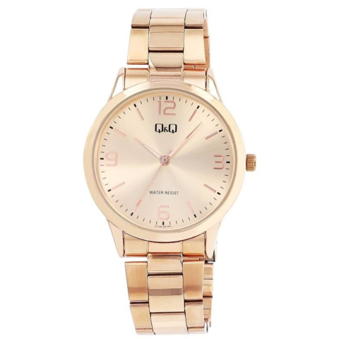 Ceas Q&Q cu bratara, auriu-roz 21 cm din metal 20 mm, cadran cu cifre arabe, carcasa 40 mm, sticla minerala, ace luminescente, 3 bar [1]