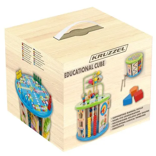 Centru de activitati educative, multicolor 21.5 x 31 cm, cub din lemn cu labirint, abac, sortator forme, ceas si joc de societate pentru copii [8]