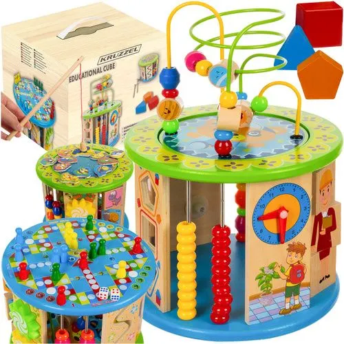 Jucării educative - Centru de activitati educative, multicolor 21.5 x 31 cm, cub din lemn cu labirint, abac, sortator forme, ceas si joc de societate pentru copii