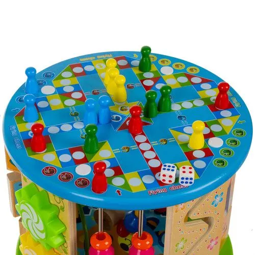 Centru de activitati educative, multicolor 21.5 x 31 cm, cub din lemn cu labirint, abac, sortator forme, ceas si joc de societate pentru copii [3]