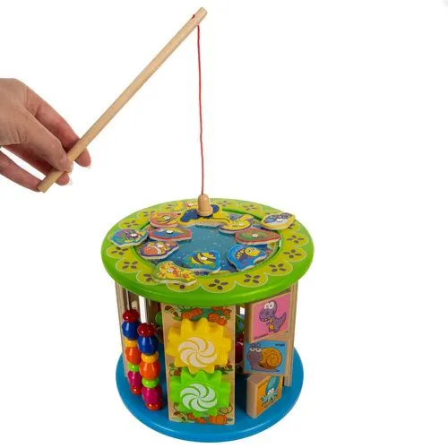 Centru de activitati educative, multicolor 21.5 x 31 cm, cub din lemn cu labirint, abac, sortator forme, ceas si joc de societate pentru copii [5]
