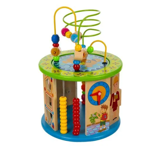 Centru de activitati educative, multicolor 21.5 x 31 cm, cub din lemn cu labirint, abac, sortator forme, ceas si joc de societate pentru copii [4]