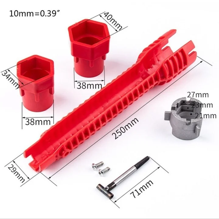 Cheie tubulara universala pentru instalatii sanitare, 3 capete interschimbabile, boloboc integrat, maner antiderapant, 25 x 4 cm, rosu [3]