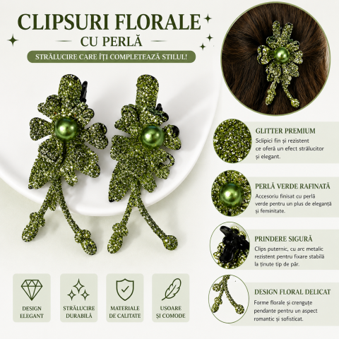 Clema de par verde 5 x 2 cm, model floral metalizat, accesoriu pentru par, fixare sigura, design elegant, 1 buc [1]