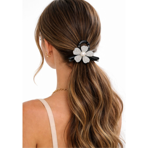 Clama par eleganta neagra cu floare decorativa si cristale stralucitoare, perla centrala, prindere puternica, arc metalic rezistent [1]