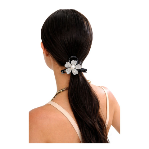 Clama par eleganta neagra cu floare decorativa si cristale stralucitoare, perla centrala, prindere puternica, arc metalic rezistent [2]