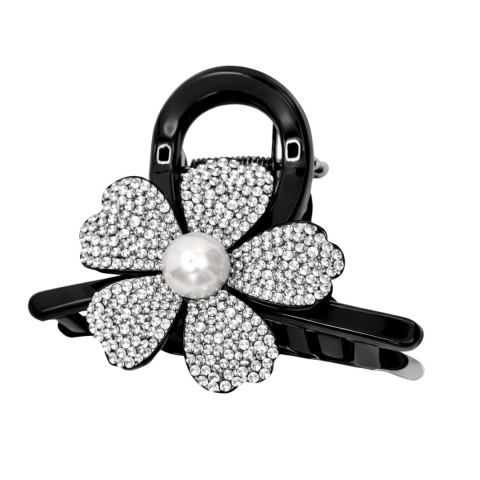 Accesorii par - Clama par eleganta neagra cu floare decorativa si cristale stralucitoare, perla centrala, prindere puternica, arc metalic rezistent