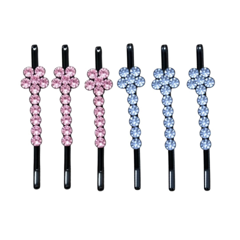 Accesorii par - Clame par albastru deschis si roz 5 x 1 cm cu pietre artificiale, set 6, 3 albastru deschis si 3 roz, model floral pentru coc, suvite si coafuri