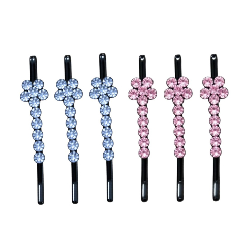Clame par albastru deschis si roz 5 x 1 cm cu pietre artificiale, set 6, 3 albastru deschis si 3 roz, model floral pentru coc, suvite si coafuri [2]
