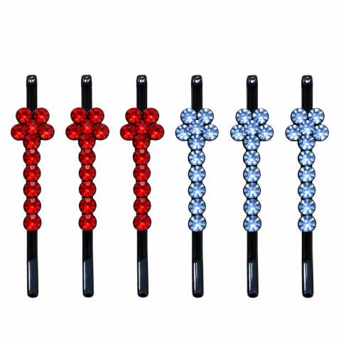 CASA & GRADINA - Clame par albastru si rosu 5 x 1 cm cu pietre artificiale, set 6, 3 albastru si 3 rosu, model floral pentru suvite, coc, impletituri si coafuri elegante