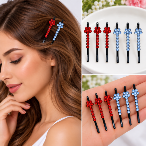 Clame par albastru si rosu 5 x 1 cm cu pietre artificiale, set 6, 3 albastru si 3 rosu, model floral pentru suvite, coc, impletituri si coafuri elegante [1]