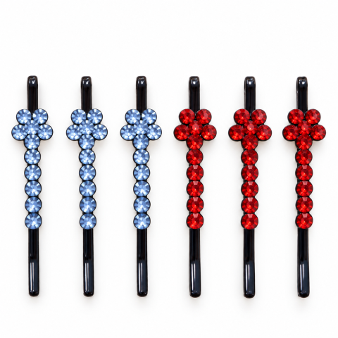 Clame par albastru si rosu 5 x 1 cm cu pietre artificiale, set 6, 3 albastru si 3 rosu, model floral pentru suvite, coc, impletituri si coafuri elegante [2]