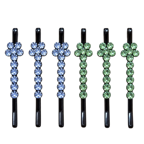 CASA & GRADINA - Clame par bleu si verde deschis 5 x 1 cm cu pietre artificiale, set 6, 3 bleu si 3 verde deschis, model floral pentru coc, suvite si coafuri elegante