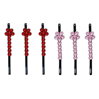 CASA & GRADINA - Clame par roz si rosu 5 x 1 cm cu pietre artificiale, set 6, 3 roz si 3 rosu, model floral, accesorii decorative pentru suvite, coc si coafuri