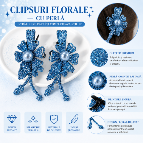 Clema de par bleu 5 x 2 cm, model floral metalizat, accesoriu chic pentru par, fixare confortabila, 1 buc [1]