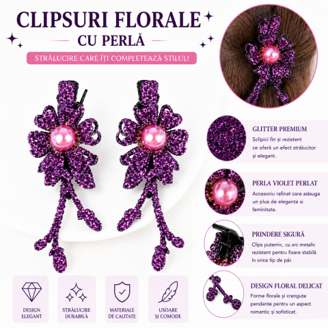 Clema de par mov 5 x 2 cm, model floral metalizat, accesoriu elegant pentru coafuri, prindere rezistenta, 1 buc [1]